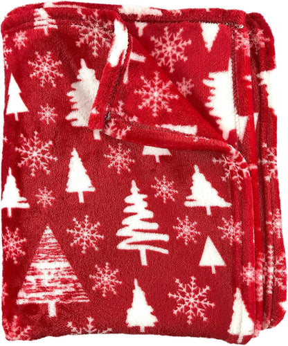 Winter Christmas Holiday Fleece Throw Blanket: Velvety Soft Forest Tree and Snowflake Design, Accent for Couch Bed