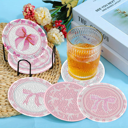 8 Pcs Diamond Painting Coasters,Diamond Painting Kits,Pink Bow Diamond Art Coasters,5D DIY Full Drill Diamond Dots,Gem Art Kits for Adults Arts and Crafts Supplies