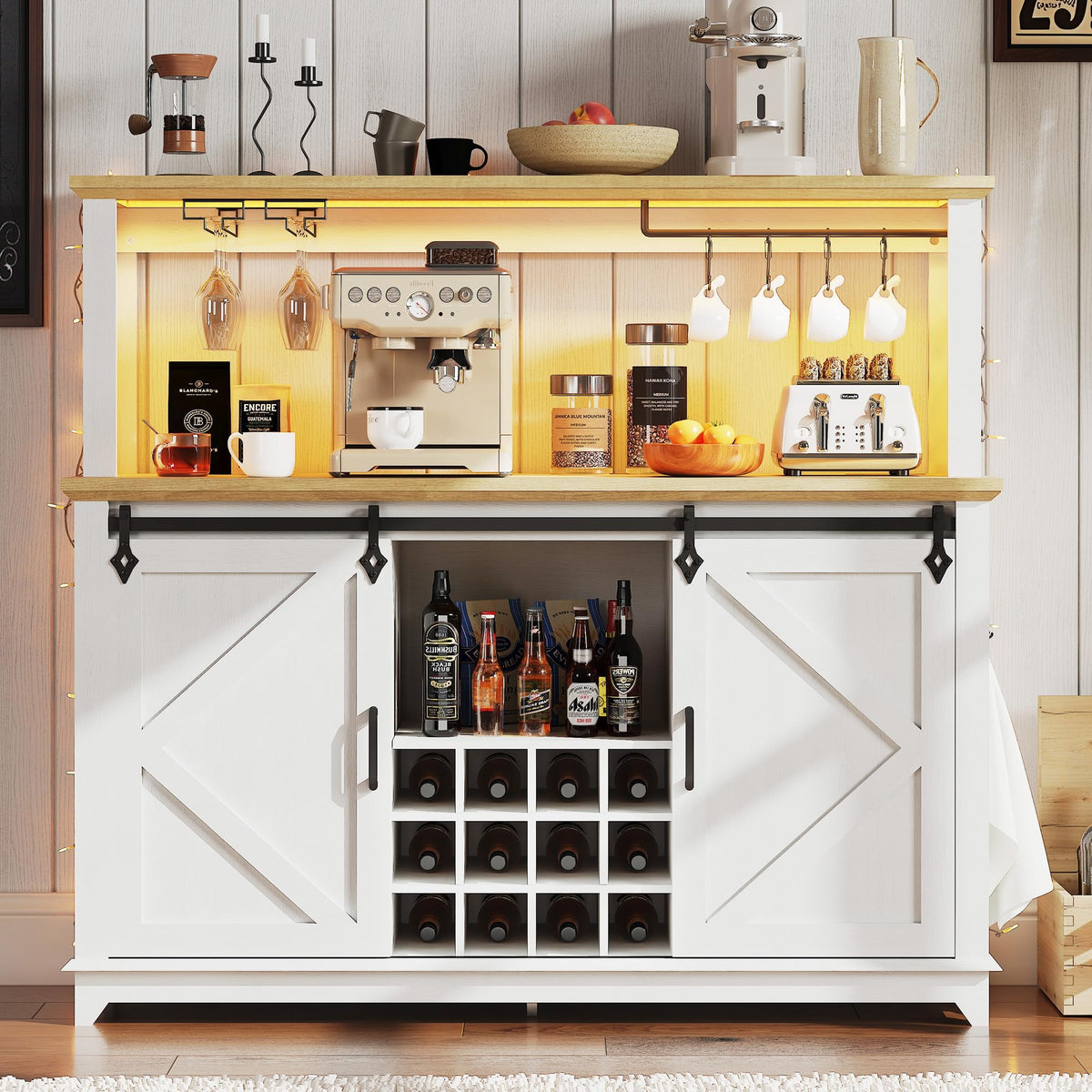 55 in Farmhouse Coffee Bar Cabinet with 3-Mode LED Light and Power Outlet - Large Kitchen Hutch with Sliding Barn Door - Wine Cabinets with Storage Drawers and Wine Glass Rack for Home and Living Rome
