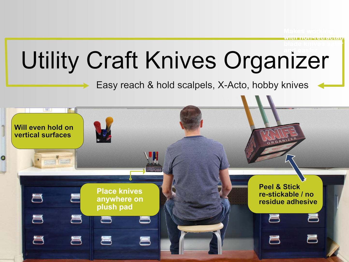 Hobby knife organizer holder for Xacto, precision knives, and scalpels