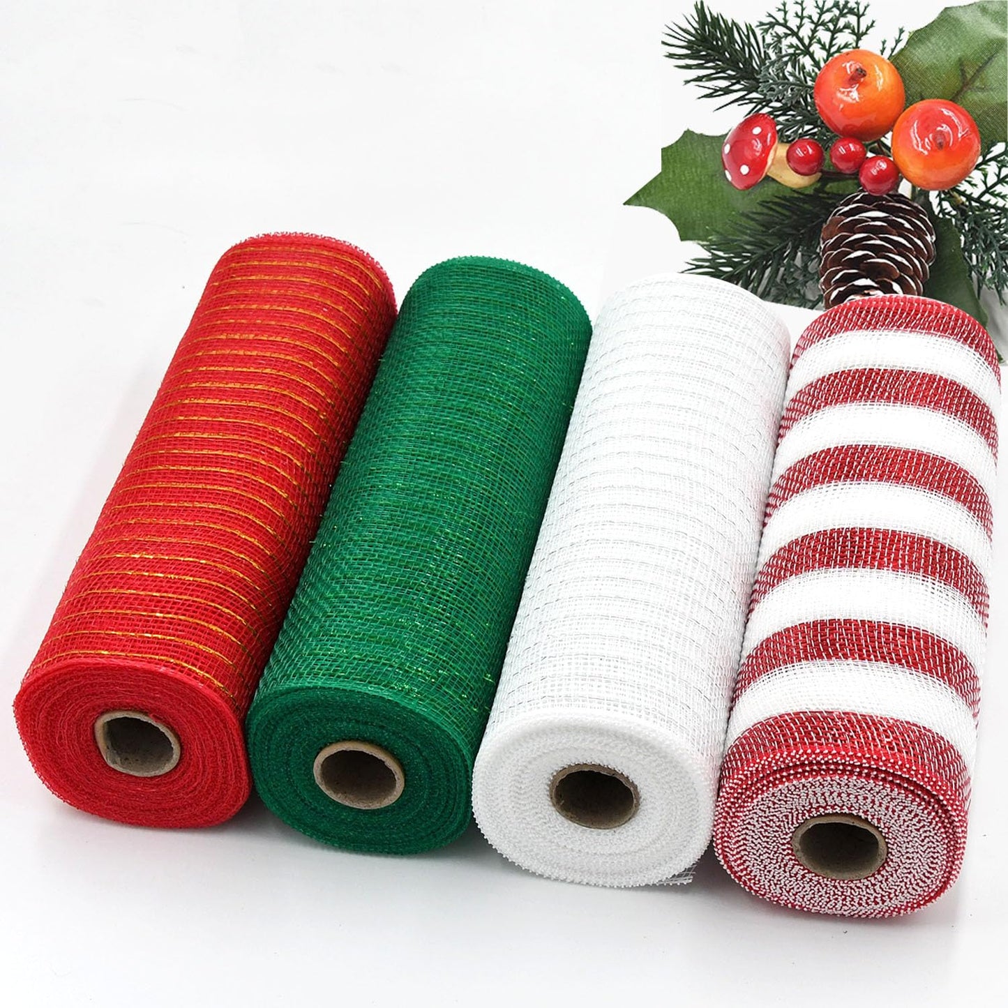 NBHH Christmas Mesh Ribbon Deco -Red, Green, White,Border Striped Deco Mesh Wire Ribbon Metallic Foil Rolls for DIY Christmas Wreaths Decorations Wrapping Craft, 4 Rolls(10 inch Wide)