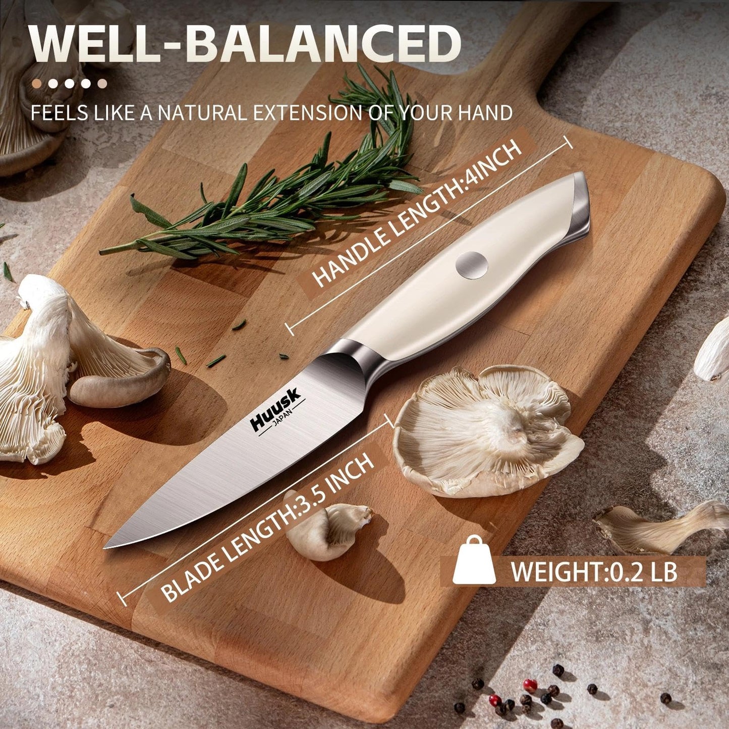 Huusk Paring Knife Ultra Sharp, 3.5" Small Kitchen Knife with Ergonomic Ivory White Handle Well-balanced Vegetable Fruit Knives for Peeling Coring Cutting Present Gift to Men Women