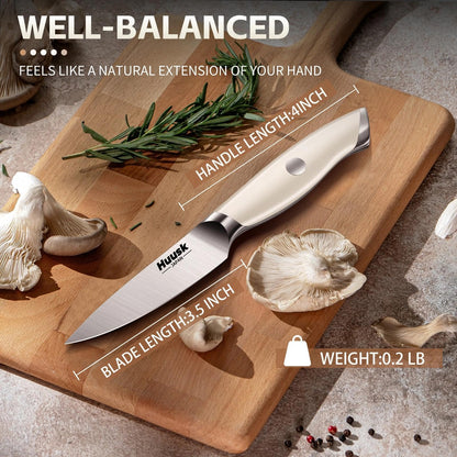 Huusk Paring Knife Ultra Sharp, 3.5" Small Kitchen Knife with Ergonomic Ivory White Handle Well-balanced Vegetable Fruit Knives for Peeling Coring Cutting Present Gift to Men Women