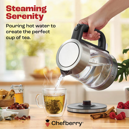 Electric Kettle for Boiling Hot Tea & Water | 1.7L Stainless Steel Borosilicate Glass Boiler With No Plastic, Automatic Shutoff, BPA Free, Fast Heating Technology (Black)