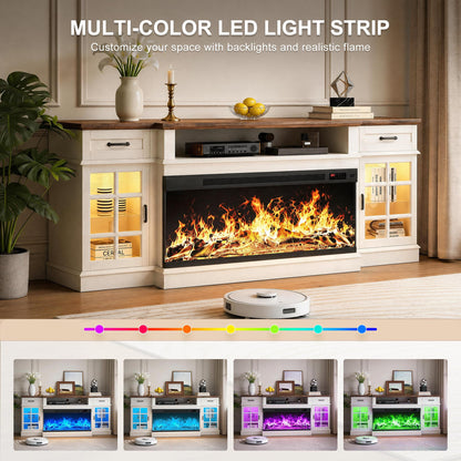 MXV 80" Fireplace TV Stand, 3-Sided Glass Fireplace and Modern Entertainment Center, Wooden Media Console with Glass Doors & Storage Drawers, LED Light, for Living Room, White