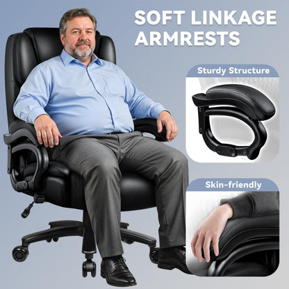 Big and Tall Office Chair 500lbs, Heavy Duty Executive Office Leather Chair for Heavy People, High Back Ergonomic Office Chair with Lumbar Support & Quiet Rubber Wheels, Extra Padded Seat, Black