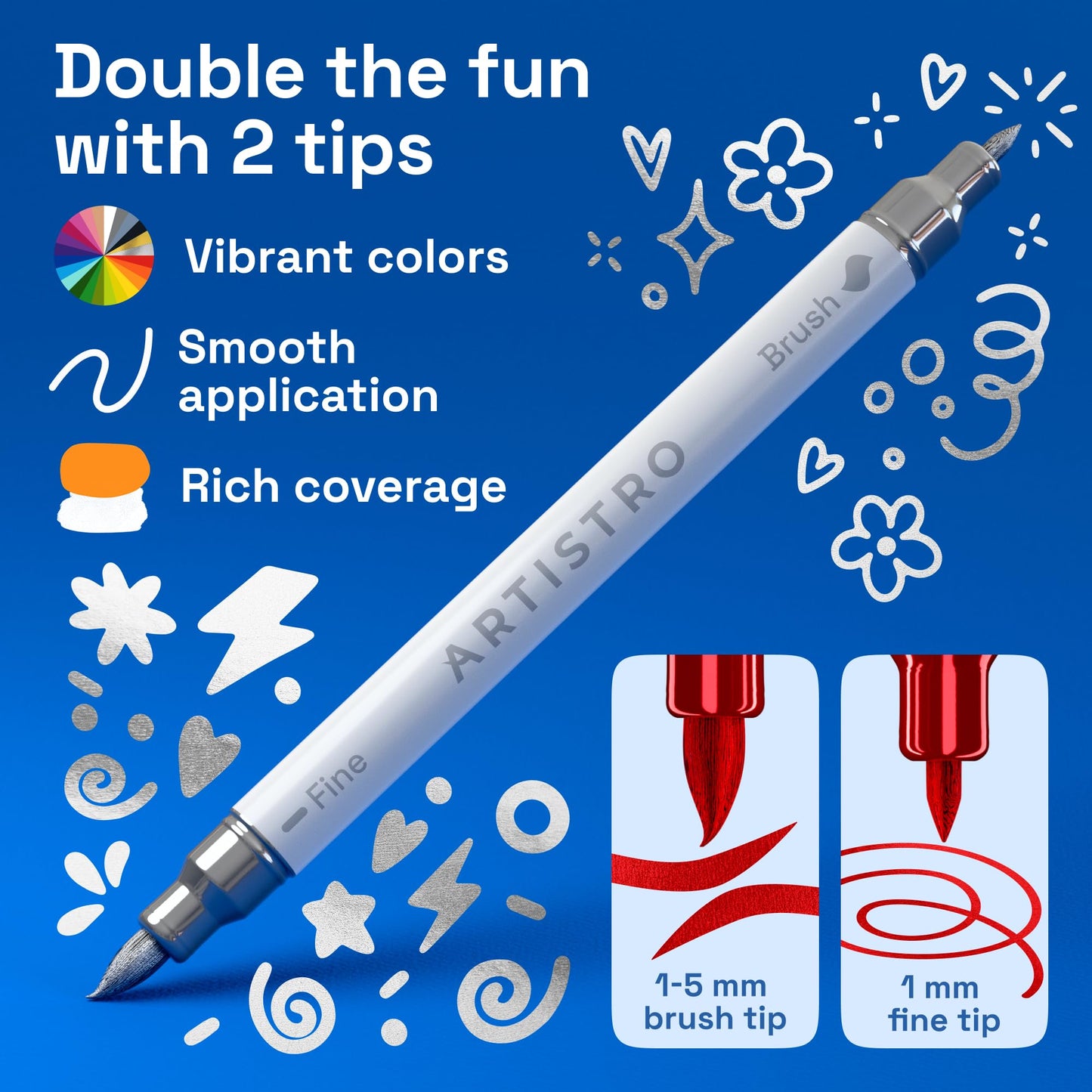 ARTISTRO 24 Metallic Acrylic Paint Markers - Paint Pens for Drawing, Brush + Fine Tips - For Fabric, Rock, Glass, Wood, DIY - Art & Craft Supplies for Adults, Teens, Kids - Teacher Appreciation Gift