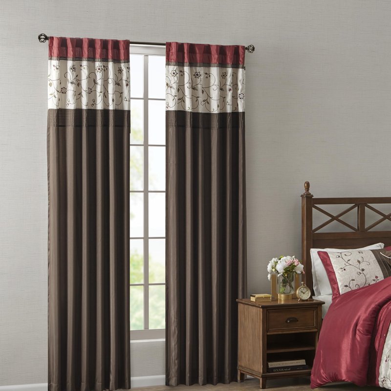 Madison Park Serene Embroidered Light Filtering Treatment Curtain Rod Pocket/Back Tab Single Window Panel Drape for Bedroom Livingroom and Dorm, 50x84", Red