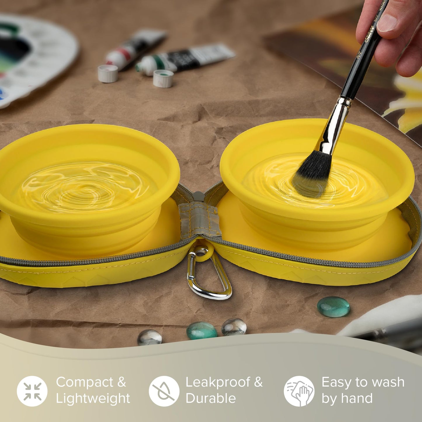 Silver Brush Limited 9004 Silver Essentials Double 450ml/15.2oz Collapsible Water Bowl with Zipper Pouch, Leak-Proof Paint Brush Water Cup for Water Media, for Studio, Travel, and Plein Air, Yellow