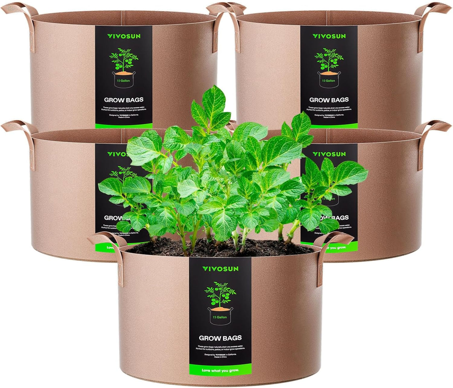 VIVOSUN 15 Gallon Heavy-Duty Grow Bags - Thickened Nonwoven Fabric Pots with Strap Handles | Tan - 5-Pack