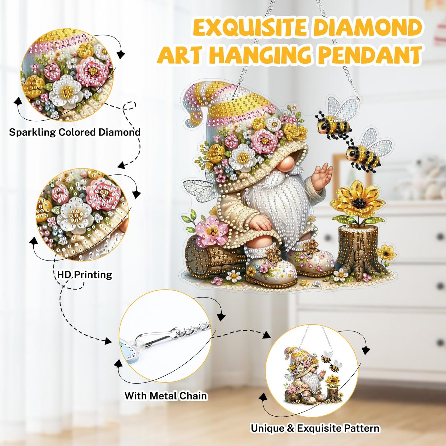 Bowetile Gnome Diamond Art Hanging Kits for Adults, 5D Special Shape Bee Diamond Painting Flowers Pendant Kits, Gem Art Suncatchers Painting Window Ornament for Home Garden Wall Decor