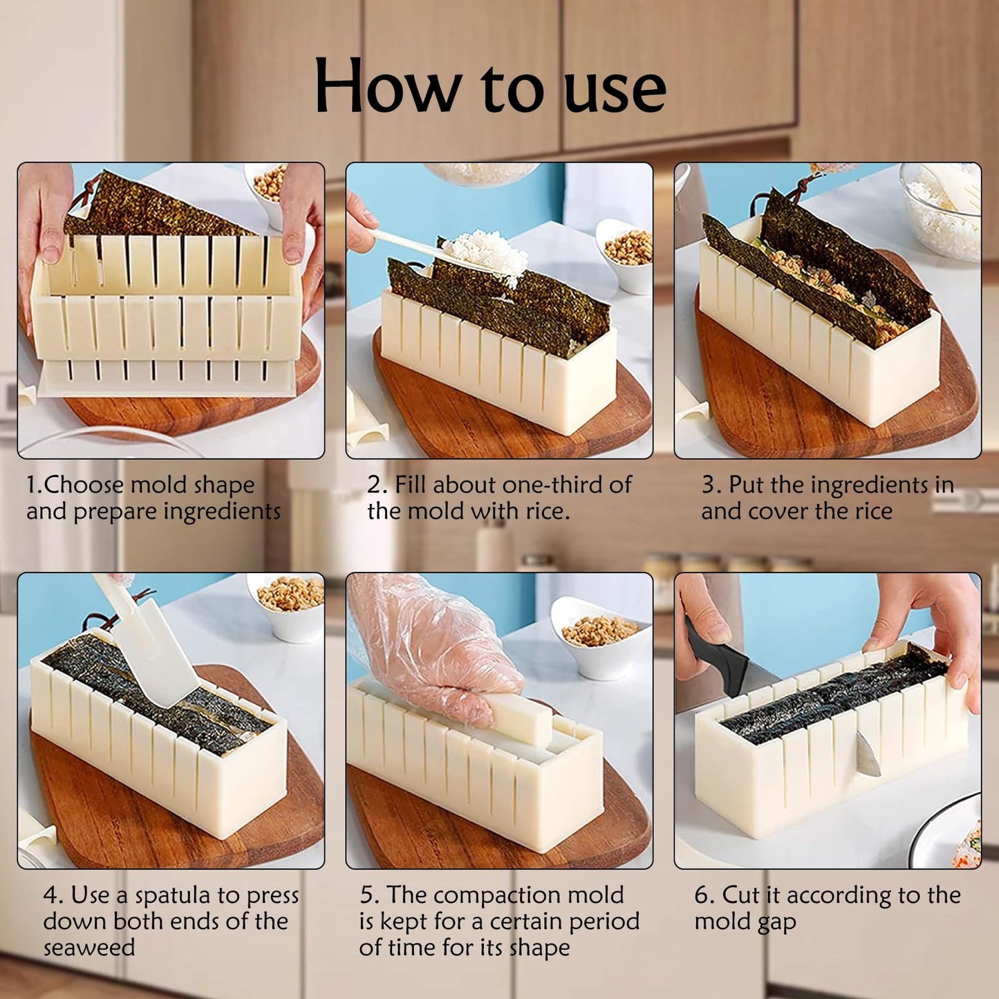 XPAPOV Sushi Making Kit, Sushi Maker 10 Pcs Plastic Sushi Tool Set Sushi Rice Roll Mold Shapes, DIY Sushi Roller Tool for Home (Beige)