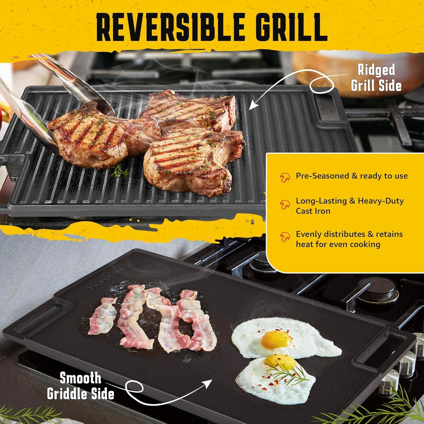 Cast Iron Reversible Grill/Griddle Set: Pre-Seasoned Non-Stick with Press, Scraper & Mitts for Indoor Outdoor Cooking
