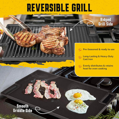 Cast Iron Reversible Grill/Griddle Set: Pre-Seasoned Non-Stick with Press, Scraper & Mitts for Indoor Outdoor Cooking