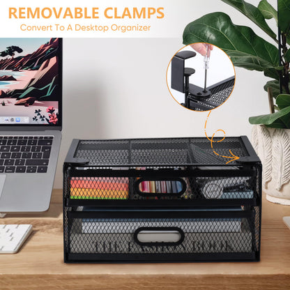 ROLIZOE Sliding Under Desk Drawer Organizer No Drilling 2 Drawers Slide Out Desktop Or Under Table Storage Metal Clamp On Desk Drawer Attachment Anti-Slip Under Desk Organizer for Home & Office