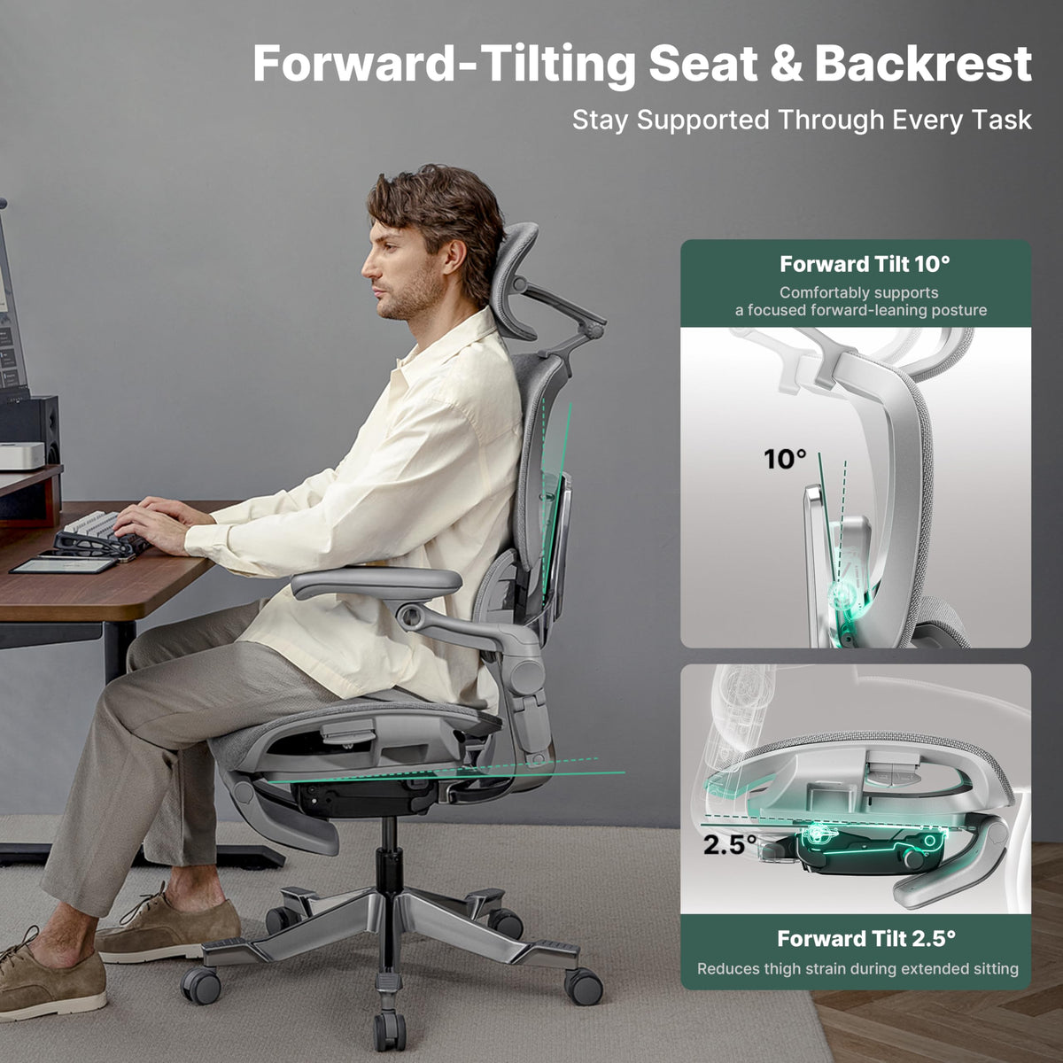 HINOMI H2 Pro Premium Ergonomic Office Chair - Comfy Home Office Desk Computer Chair with Adjustable Back Support, Swivel Wheels, Flip-up Arms, Comfortable Mesh Seat for Desk Work (Gray)