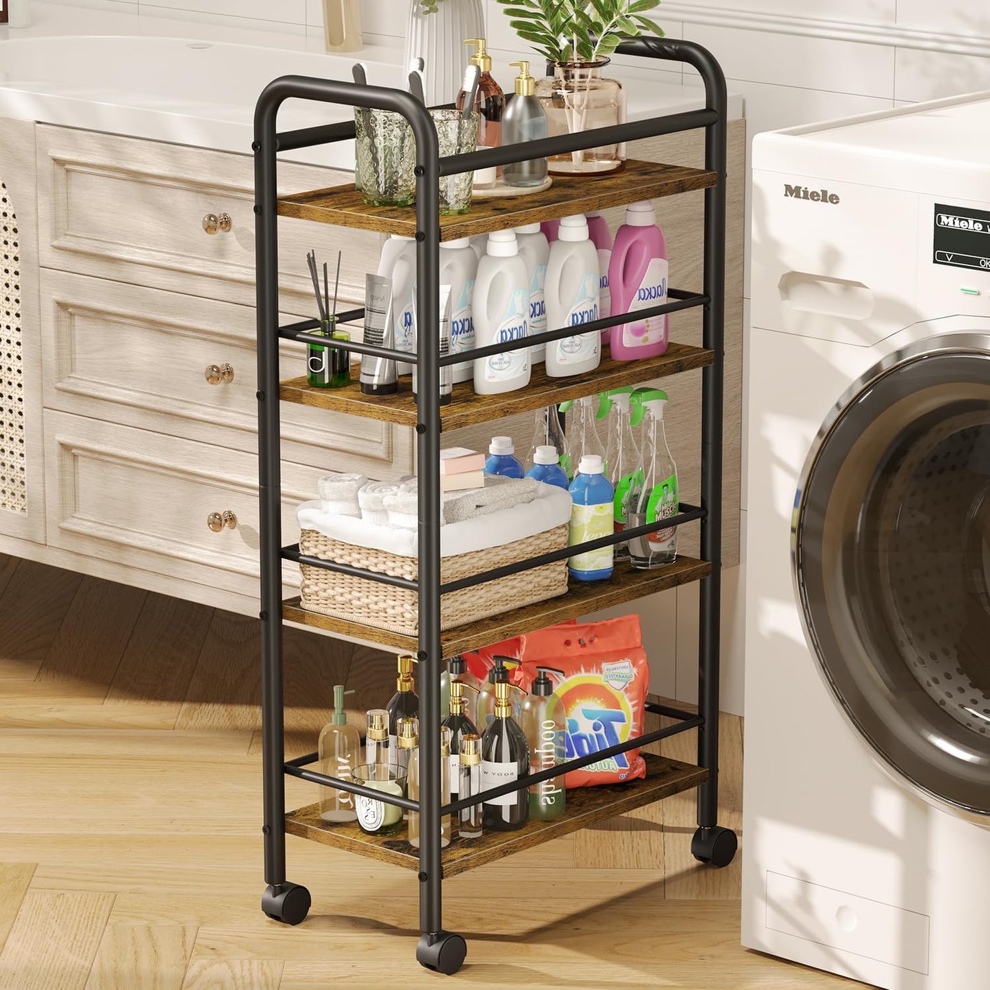 4-Tier 9.1" 4-Tier (9.1" 33.6" Asgolion Slim Storage Cart, Small Rolling Cart with Wheels, Deep, Narrow Bathroom Shelf