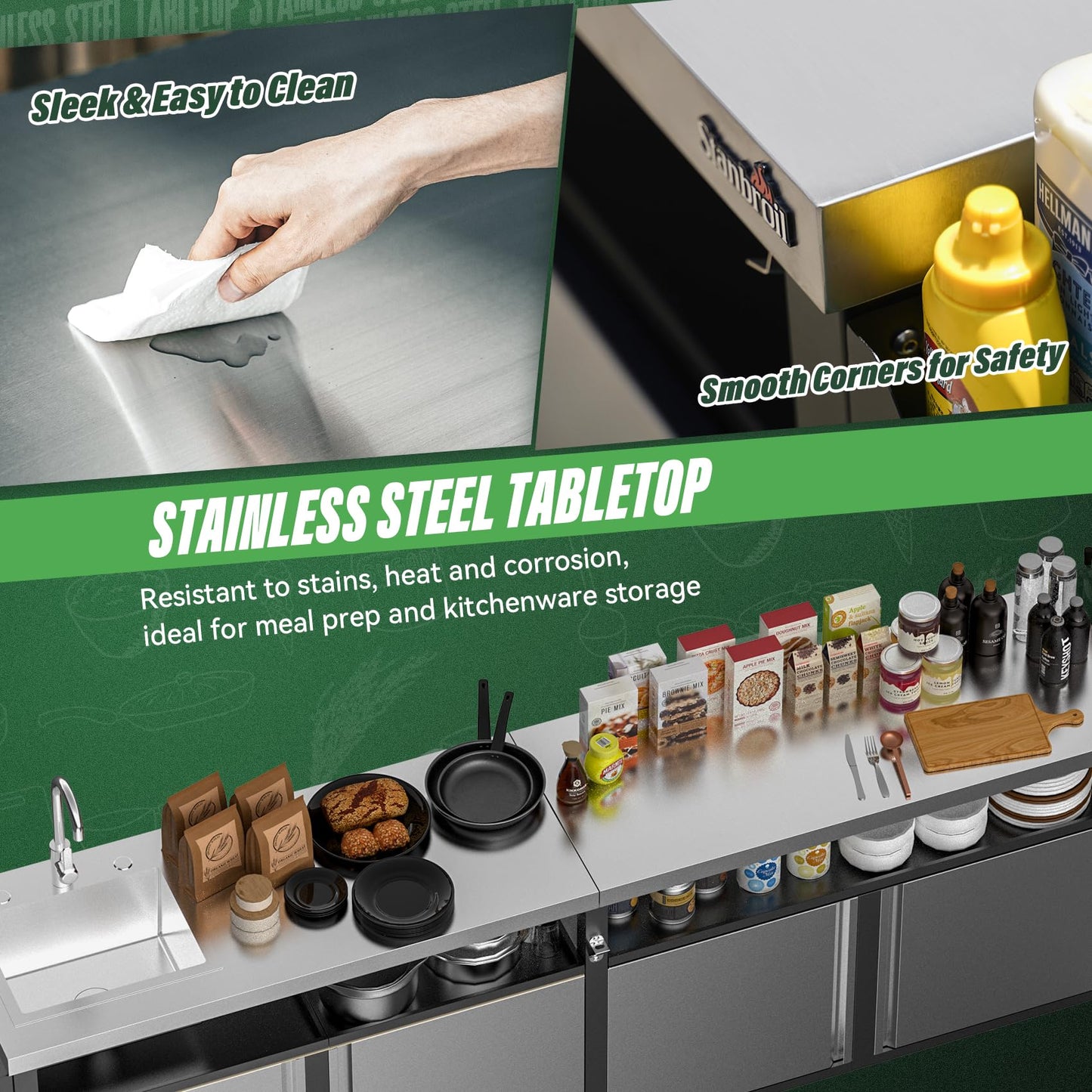 Stanbroil Rolling Outdoor Kitchen Island with Stainless Steel Table Top & Storage Cabinets, Sink&Faucet Included, Extra Large