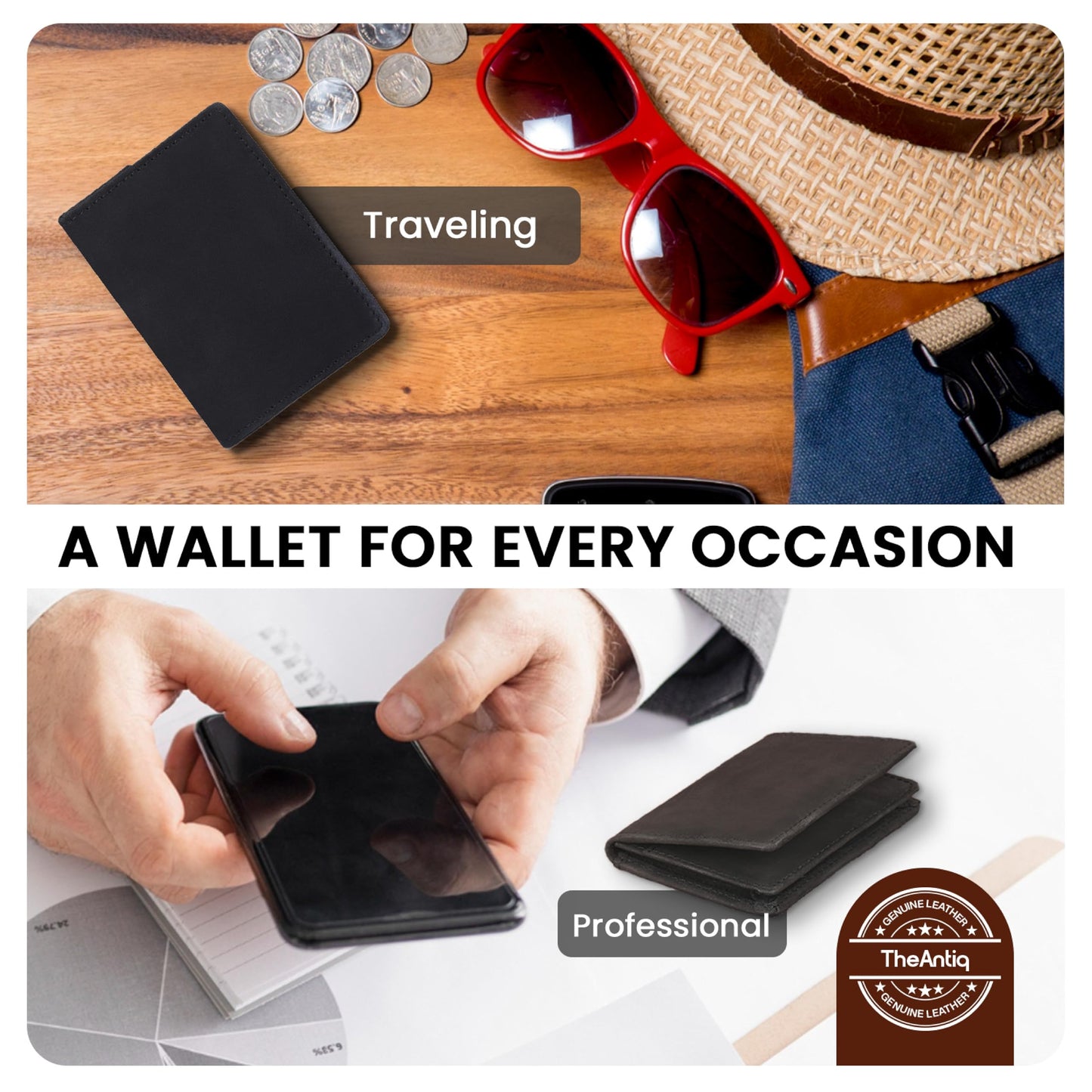 TheAntiq Premium Leather Card Wallet, RFID Blocking Expandable Business Card Case, Bifold Card Holder for Men and Women, Men's Purse, Wallet for Men (Business Card Wallet, Black)