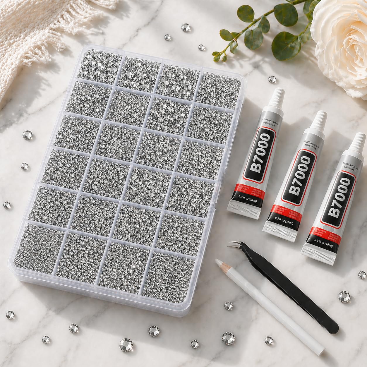BlissVeritura 32000Pcs Clear Silver Rhinestones for Bedazzling Kit,Mix Sizes Silver Clear Flatback Gems,2,3,4,5,6MM Bedazzled Stones Crystal with B7000 Jewelry Glue for Crafting, Nail Art.