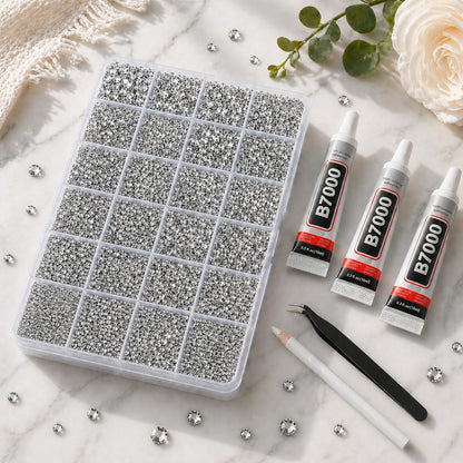 BlissVeritura 32000Pcs Clear Silver Rhinestones for Bedazzling Kit,Mix Sizes Silver Clear Flatback Gems,2,3,4,5,6MM Bedazzled Stones Crystal with B7000 Jewelry Glue for Crafting, Nail Art.