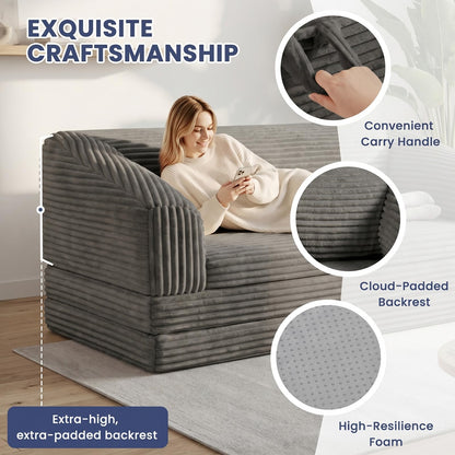 AOLVDOW Loveseat 51 inch, 2-in-1 Convertible Tri-Folding Sofa Bed with Thick Backrest & Carry Handle, Gray Foldable Couch Bed Lounger Sleeper Sofa for Living Room, Guest Room, Soft Corduroy