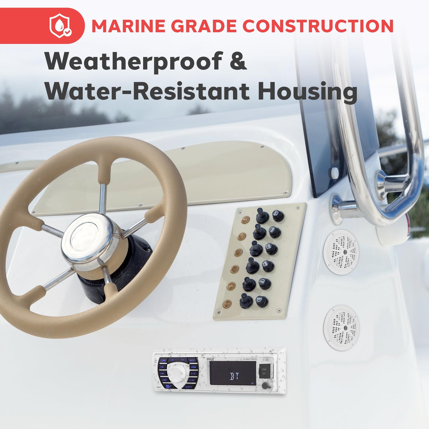 Pyle Marine Receiver & Speaker Kit - In-Dash LCD Digital Stereo Built-in Bluetooth & Microphone w/ AM FM Radio System 5.25’’ Waterproof Speakers (2) MP3/USB/SD Readers & Remote Control - PLMRKT36WT