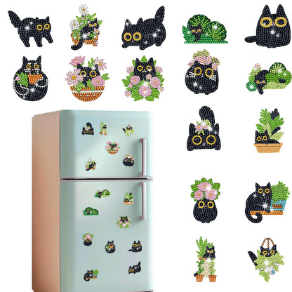 Gamteldot 16Pcs Diamond Art Magnets Kits-5D Small Diamond Art Kits for Adults Beginners,DIY Gem Art Painting Kits with Full Tools,Rhinestone Refrigerator Gem Crafts for Decor Gift -Black Cat