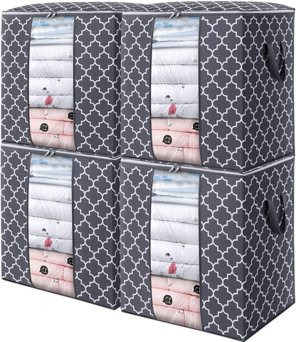WISELIFE Storage Bags - 4 Pack 100L Large Blanket and Clothes Organizers | Foldable with Reinforced Handles, Clear Window, Gray