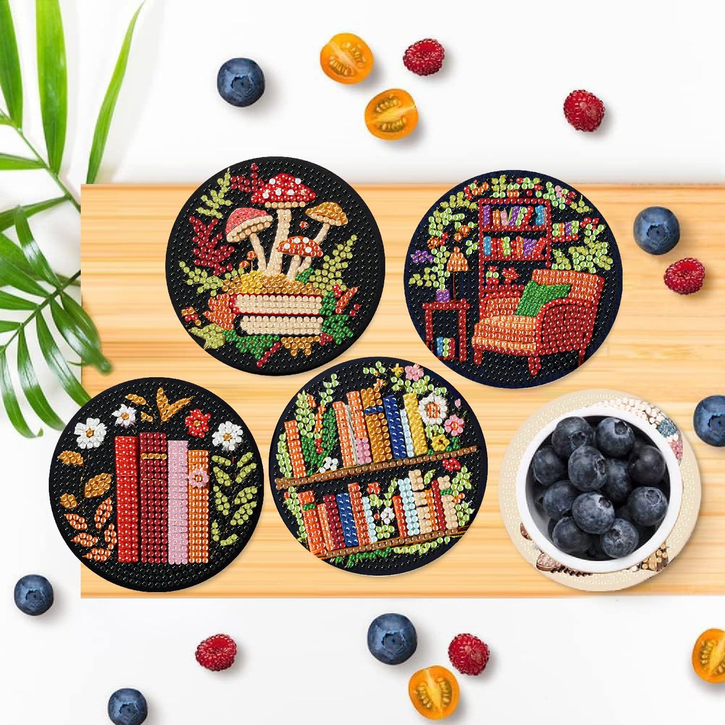 8 Pcs Bookshelf Diamond Art Coasters Kit - DIY 5D Small Diamond Painting Coasters with Holder, Mini Diamonds Arts Kits for Adults Coaster, Gem Art Arts and Crafts for Adults