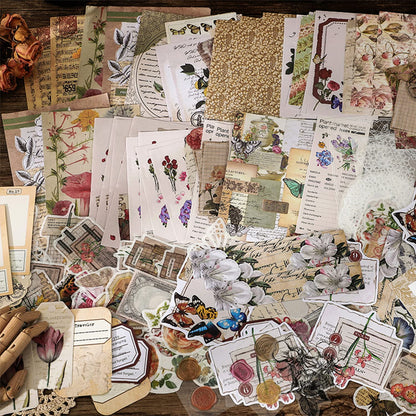 BLEDS 400PCS Vintage Journaling Supplies Pack, Scrapbook Supplies Scrapbook Paper Kit Aesthetic Scrapbook Paper Set Postage Journaling Stamp Stickers for Junk Journals Planner Retro Craft
