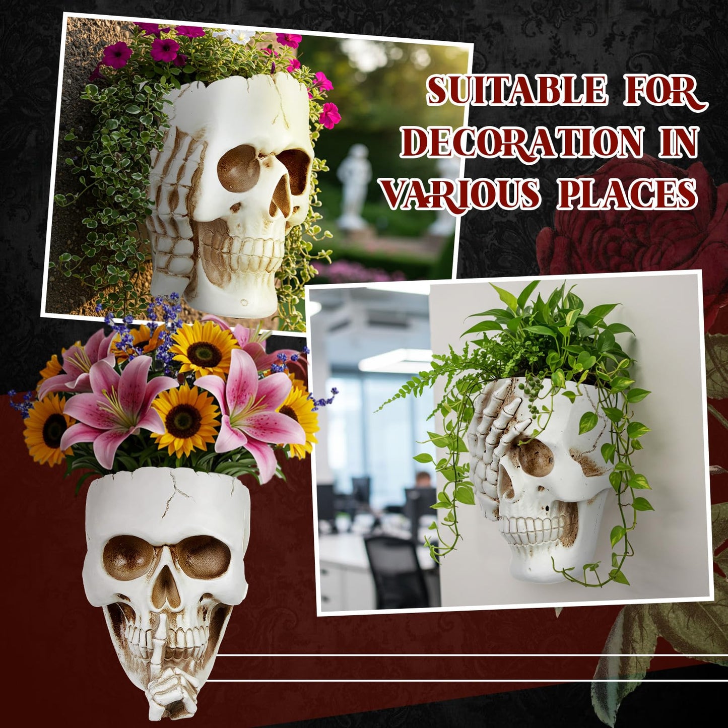 RimCereal 3 Pcs Skull Planter Skeleton Wall Hanging Planter Pot Gothic Spooky Head Face Flower Pot Garden Decor for Festival Party Indoor Outdoor Plants Home Garden Office Decorations(White)