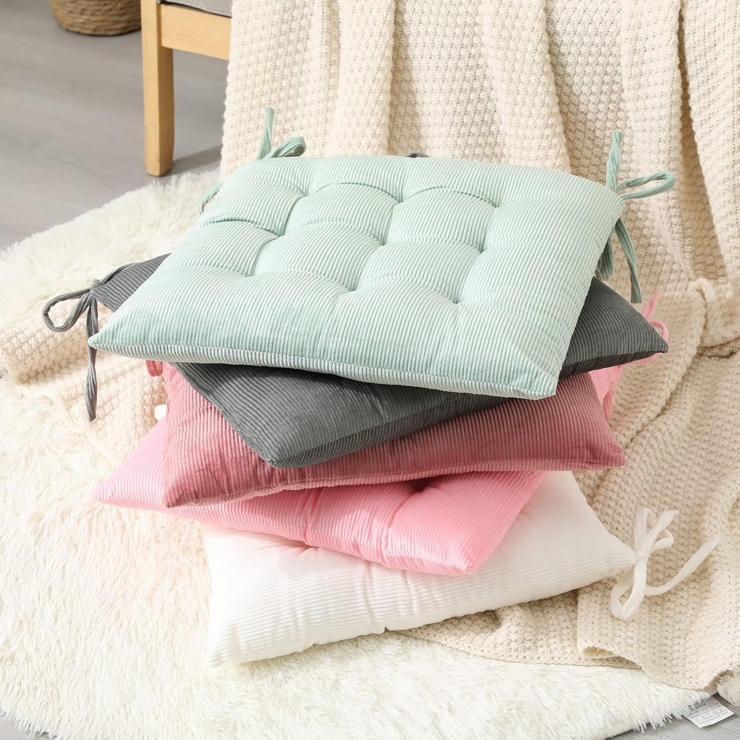 15.7x15.7, HLOVME Corduroy Chair Cushion with Ties Ultra Soft Warm Floor Cushion for Kids Reading Nook Comfortable