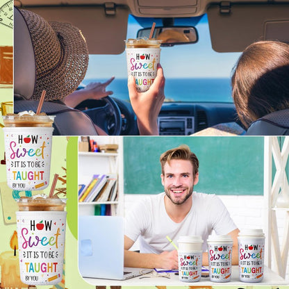 FoldTier 3 Pcs Teacher Appreciation Gifts Reusable Iced Coffee Sleeves Teachers Coffee Sleeves for Iced and Hot Drinks Gifts for End of School Year Graduation(Sweet)