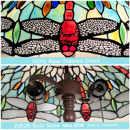 Capulina Tiffany Lamp Stained Glass Floor Lamp 2-Light 63 Inches Tall Industrial Dark Bronze Pole Fine Sky Dragonfly Tiffany Style Standing Floor Lamp for Living Room Bedroom Home Office
