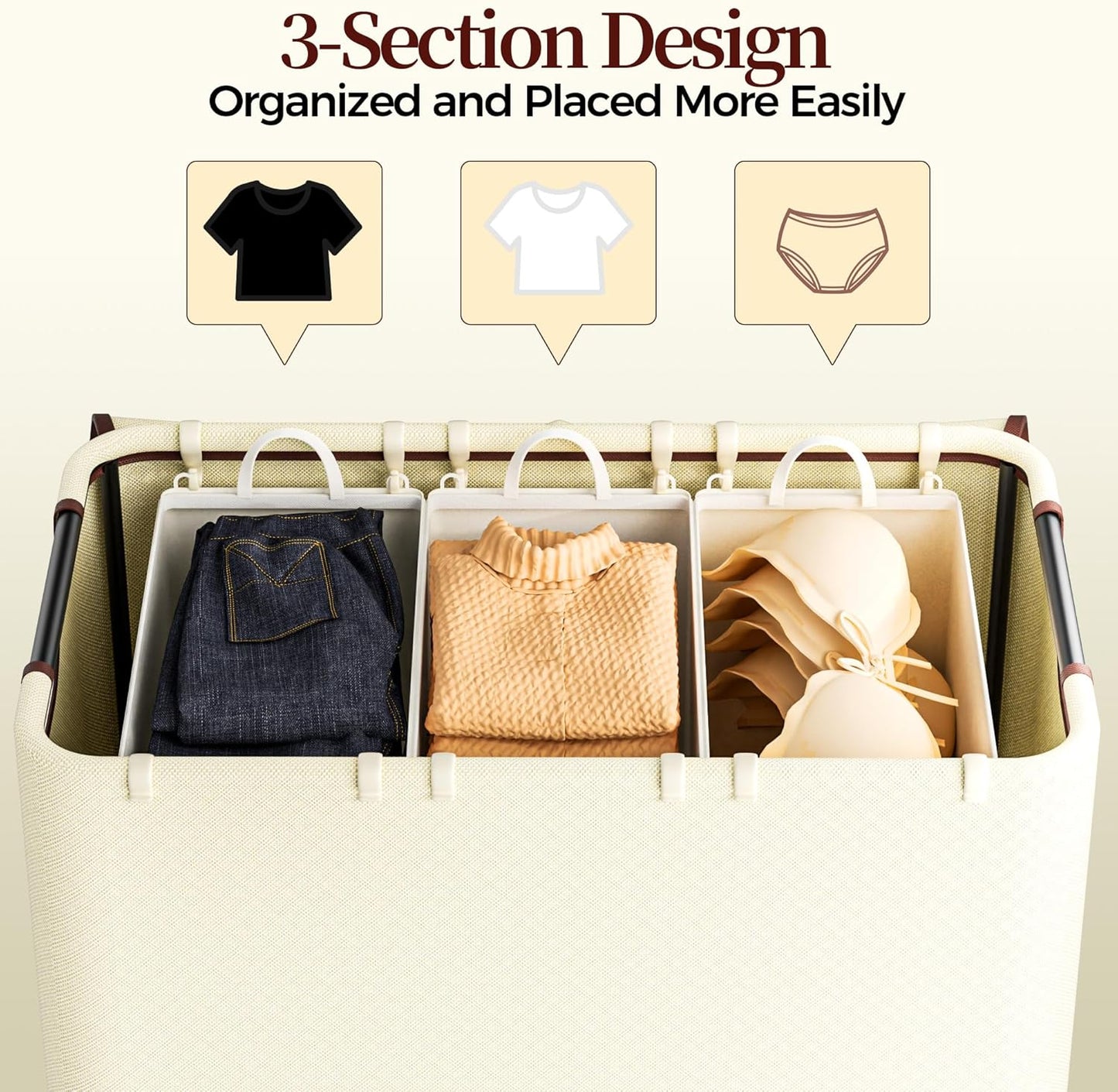 160L 3 3 LAMU Laundry Basket with Wheels, Rolling Laundry hamper with Lid and Removable Laundry Bag, Beige Large