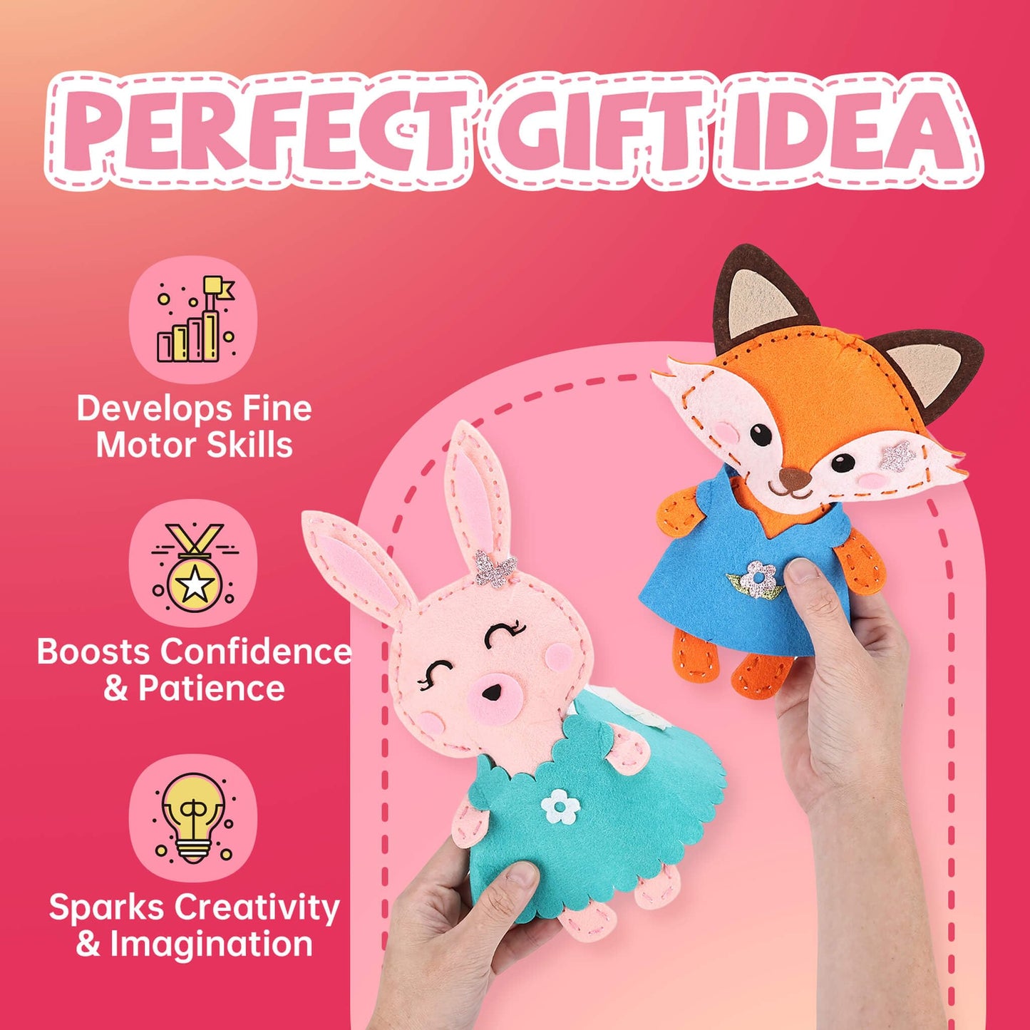 Cymbana Kid Sewing Craft Kit to Make a Friend for Beginner Felt Craft Learn to Sew, Panda Fox Bunny Raccoon Bear 5 Animals