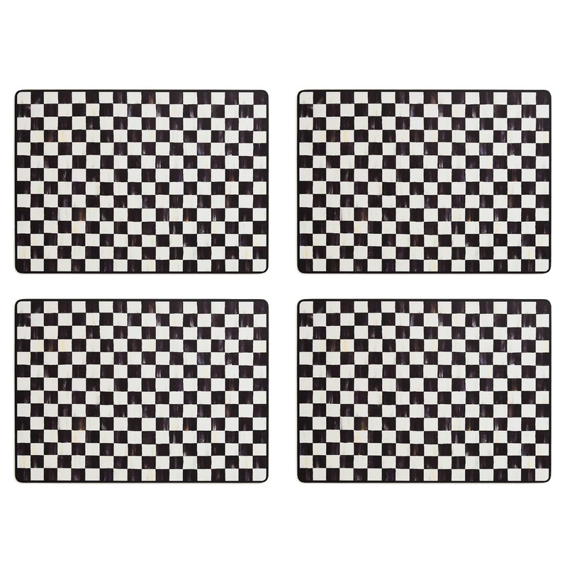MACKENZIE-CHILDS Set of 4 Cork-Back Placemats, Hard-Finish Table Mats, Black-and-White Courtly Check