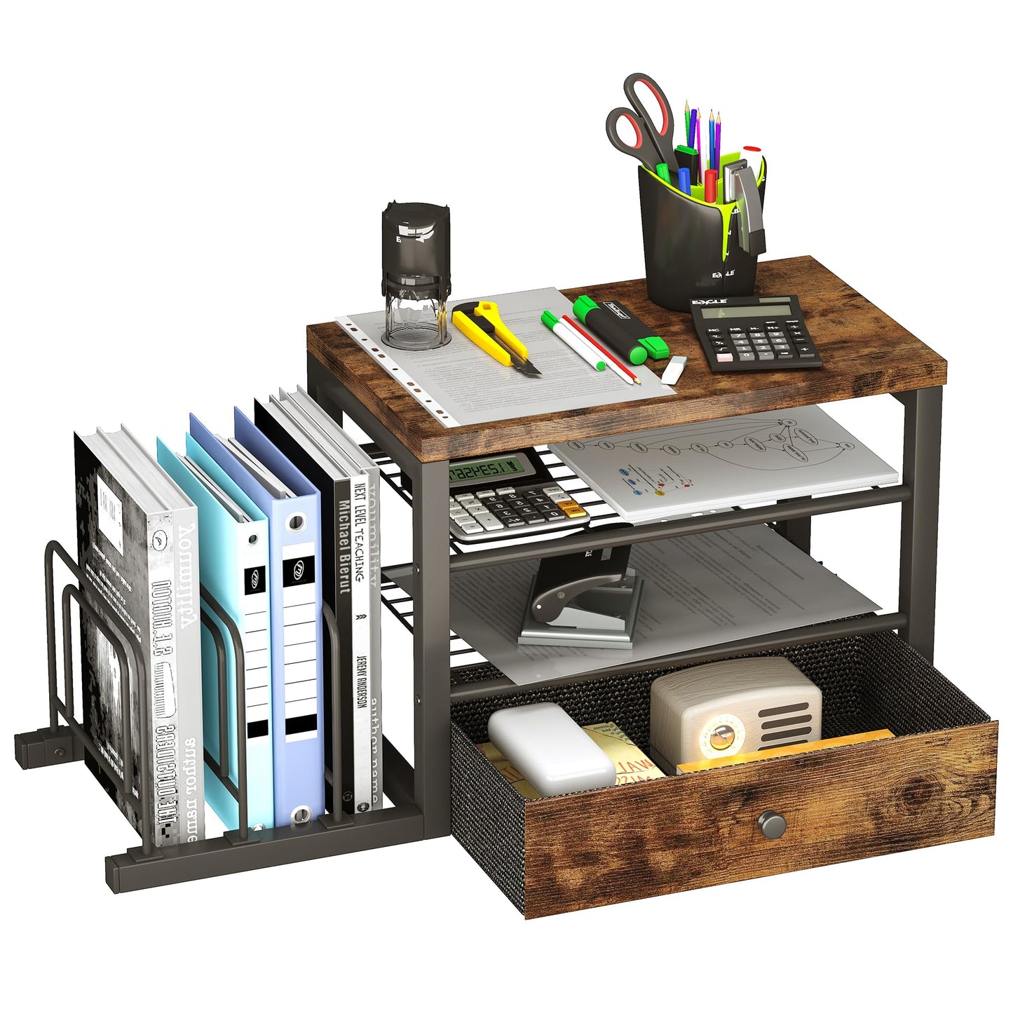 Homeiju Wood Desk Organizer with Drawers, Desk File Organizer with 3 Vertical File Holders, File Shelf,Storage for Mail, Supplies,Classroom Organization