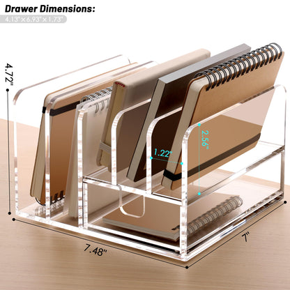 SANRUI Desk Organizers and Accessories, Acrylic Mail Organizer Countertop, 5-Slots File Sorter with Drawer, Desktop Organizer for Office Supplies