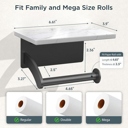FORIOUS Toilet Paper Holder - Natural Marble Wall Mount with Phone Shelf | Matte Black 304 Stainless Steel