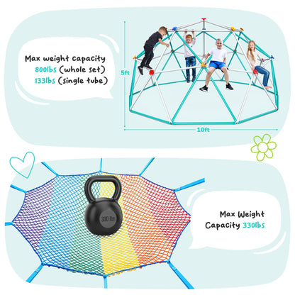 Hapfan Climbing Dome with Climbing Cargo Net, 10 ft Dome Jungle Gym with Hammock for Kids Outdoor Playset Monkey Bars Backyard