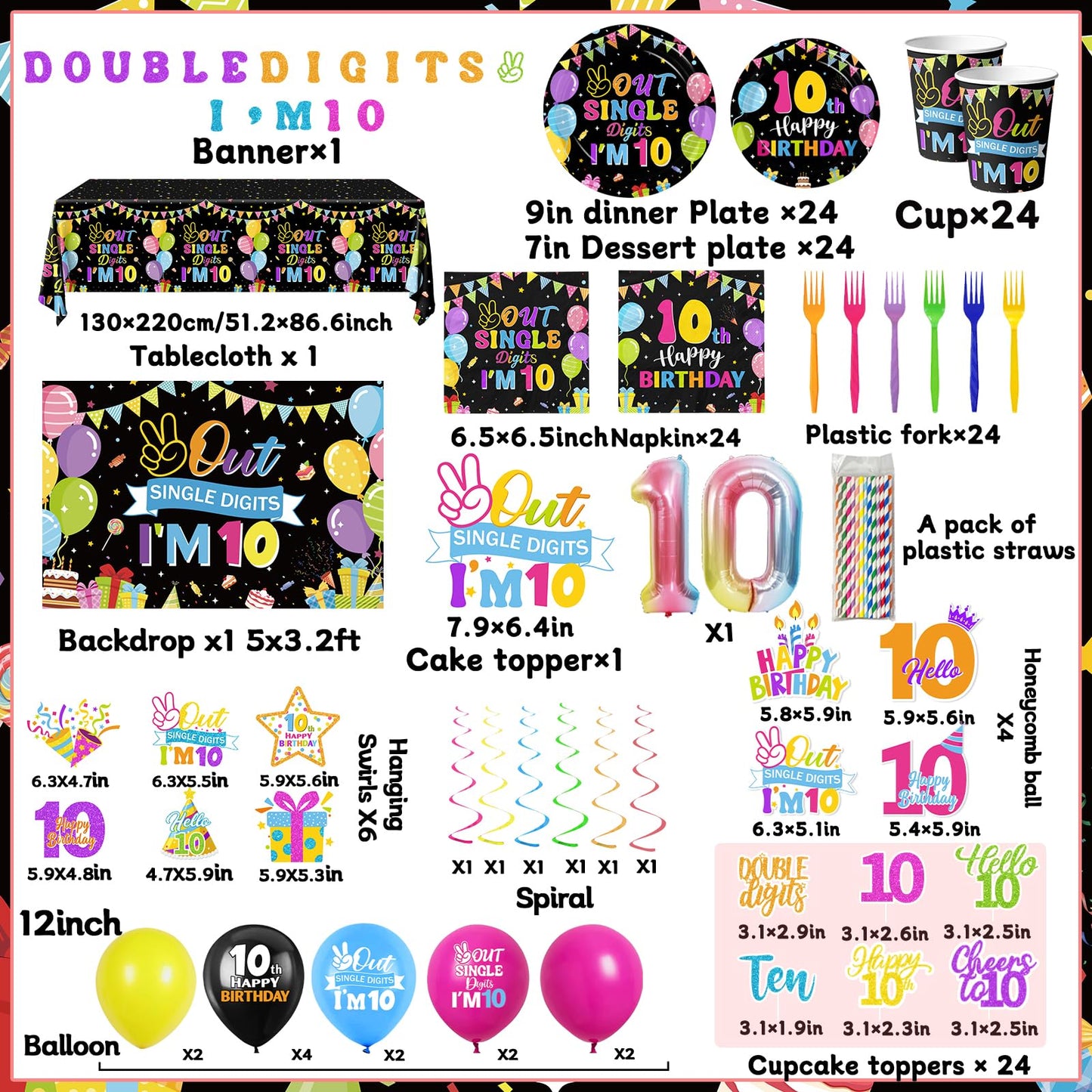 10th Birthday Decorations for Girl,172pcs 10 Year Old Girl Birthday Decorations Double Digits Birthday girl Plates and Napkins Cups Tablecloth Banner Honeycomb for Peace Out Single Digits Party Decor