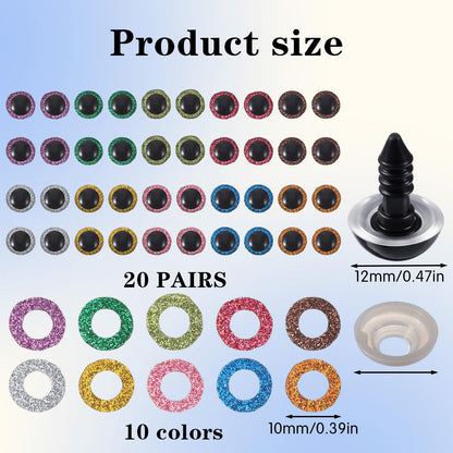 120Pcs 3D Glitter Safety Eyes for Amigurumi, 12mm Safety Eyes for Crocheting, Plastic Doll Eye with Washers in 10 Colors, Craft Supplies for Crochet Animals, Plush Toys & DIY Stuffed Animal Making