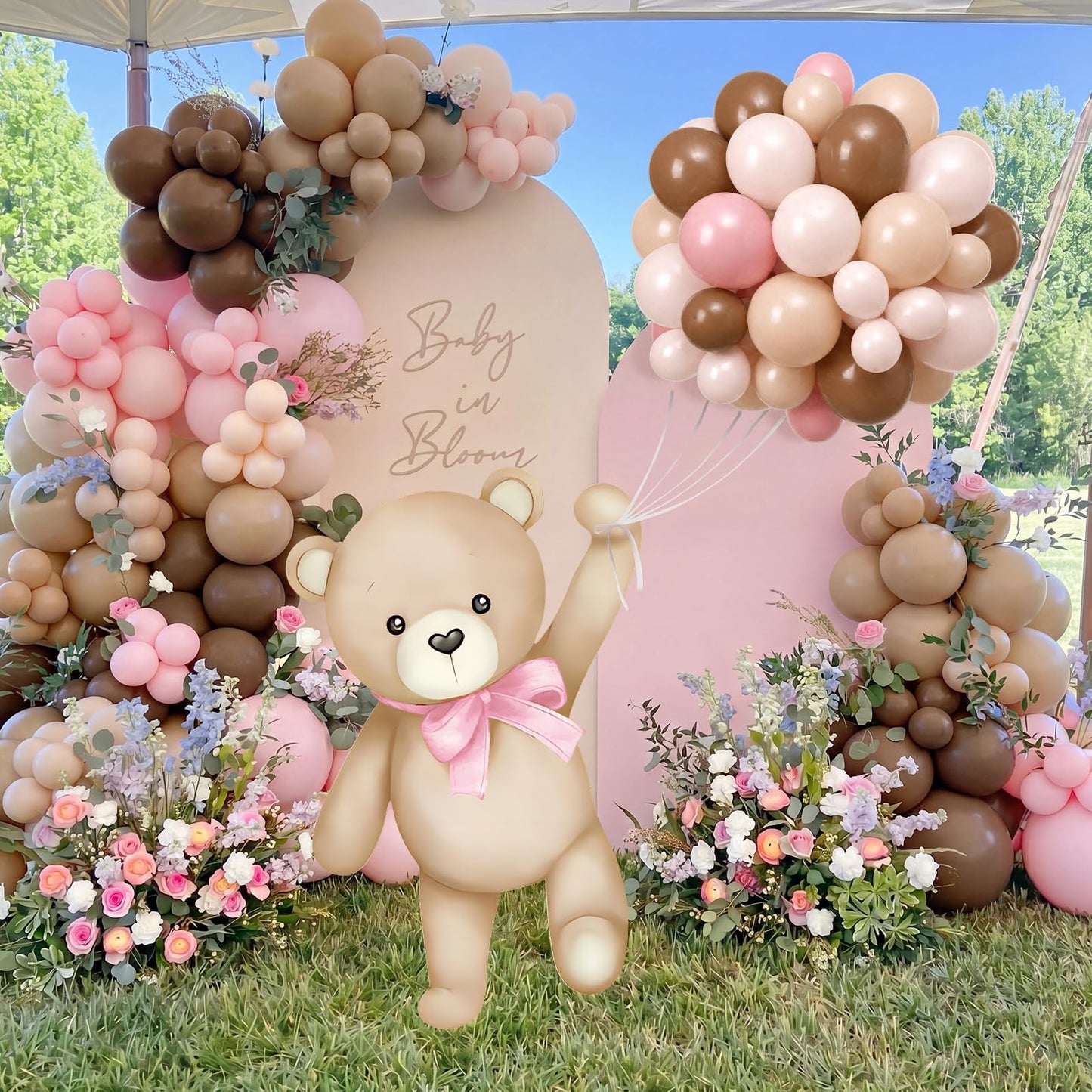 Teyva Daily 43 Pcs Pink Brown Bear Baby Shower Decorations for Girl 31 Bears Cardboard Cutout Stand Decoration Pink and Brown Balloon Stand Kit Gender Reveal Bear Balloons Kit for Baby Shower Birthday