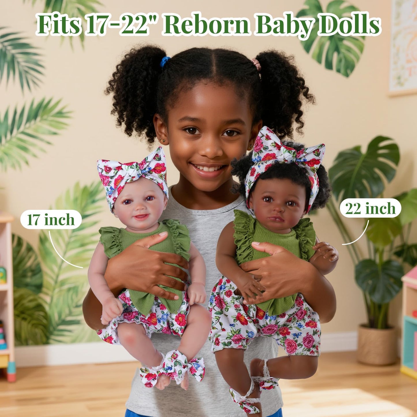 BABESIDE 3 Pcs Reborn Baby Doll Clothes Set for 17-20 Inch Babys Doll, Floral Jumpsuit, Bow Headband and Socks for Realistic Dolls Girl