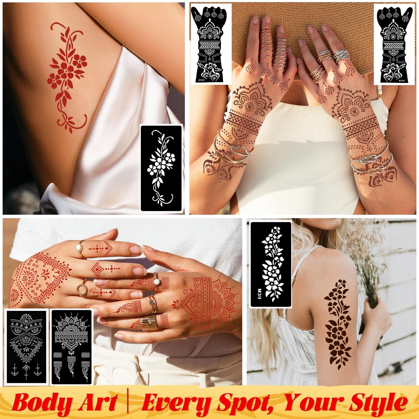 Temporary Tattoo Stencil Kit 10 Sheets (7 Large Hand & Half Arm), 6 Pcs 3 Color Cones (Black/Brown/Cherry Red),Temporary Tattoos for Adults Kids Men Women,DIY Body Art with Stencils