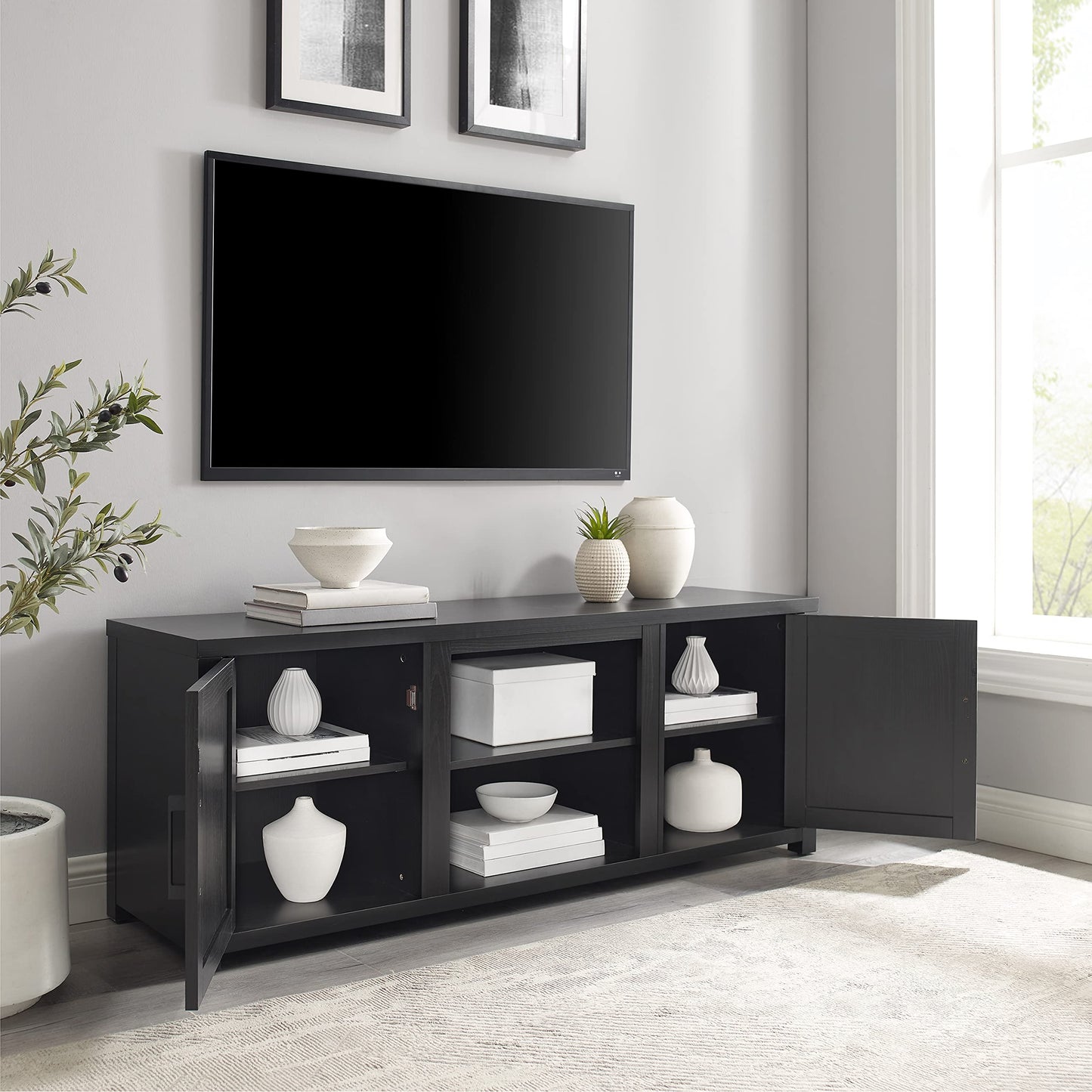Crosley Furniture Gordon Low Profile TV Stand for 65+ inch TVs, Entertainment Center with Storage Shelves, Black