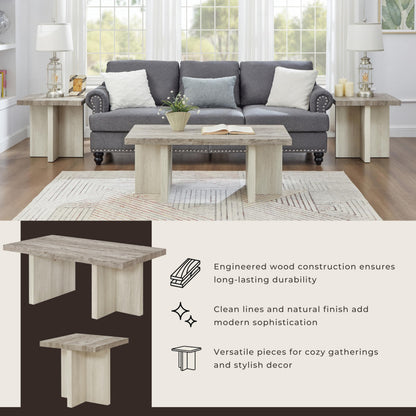 Roundhill Furniture Mchome 3-Piece Coffee Table Set, Coffee Table and Two End Tables, Weathered Gray and Beige