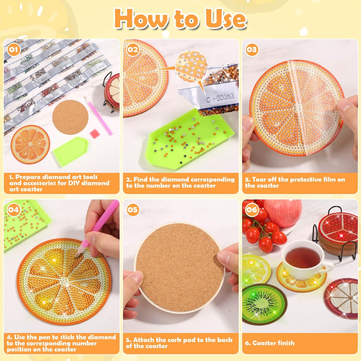 Billbotk 12 Pieces Diamond Art Painting Coasters Kit with Holder, Diamond Art Coasters, DIY Diamond Crafts Projects, Diamond Dot Kits for Adults and Beginners(Fruit Style)